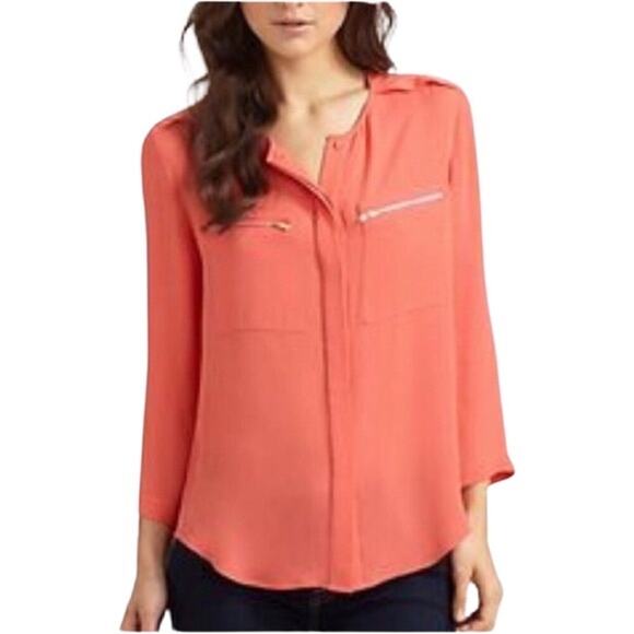 Theory Shirt Womens Medium Peach 100% Silk Henley Button Career Business Work - Picture 1 of 8